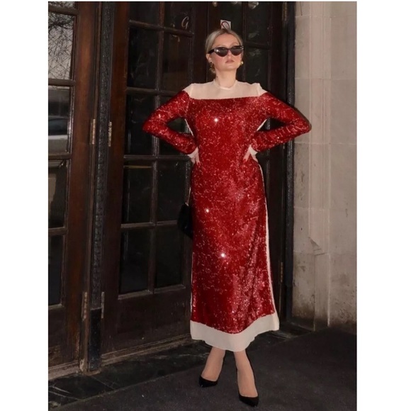 Zara sequin chiffon red midi dress sz.00 - Picture 4 of 17